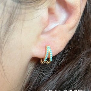 Double Hoop Earrings, Turquoise  Duo Pave Hoops, Gold, Sterling Silver Huggie Hoops, Diamond Earrings, Hypoallergenic Minimalist Jewelry