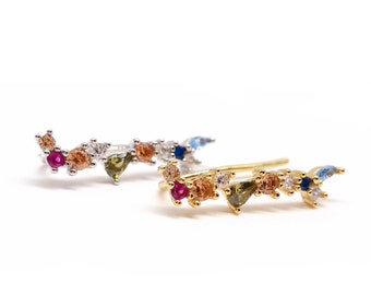 Pendientes trepadores de arcoíris, pendientes trepadores de flores con piedras de colores en oro, plata de ley, pendientes trepadores de arcoíris, pendientes modernos minimalistas