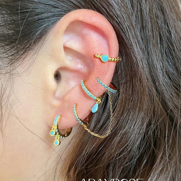 Turquoise Stacking Earrings Set, Huggie Ear Cuff Chain, Huggie Hoop Earrings with Charm, Minimalist Earrings, Christmas Jewelry