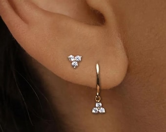 Mini Lotus Earring Set, Three Dot Studs, Huggie Hoops, Double Piercing Earring Set, 18K Gold 925 Sterling Silver, Hypoallergenic Minimalist