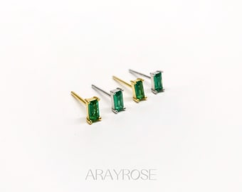 Emerald Stud Earrings, Natural Emerald Earrings, 18K Gold, Sterling Silver, Minimalist Earring, Gift For Her