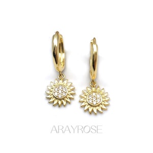 Sunflower Earrings, Gold Huggie Hoops with Sunflower Charm, Cartilage Piercing, 18K Gold 925 Sterling Silver, Hypoallergenic Minimalist