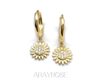 Sunflower Earrings, Gold Huggie Hoops with Sunflower Charm, Cartilage Piercing, 18K Gold 925 Sterling Silver, Hypoallergenic Minimalist