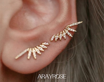 Wing Ear Climber, Leaves Climber Earrings in Gold, Sterling Silver, Ear Crawler, Minimalist Modern Earrings