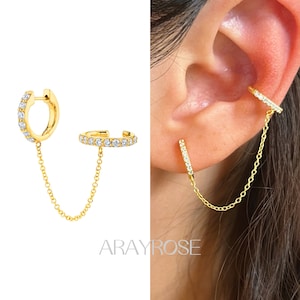Ohr-Manschettenkette, zierliche Huggie mit Ohr-Manschetten-Ohrringen, Huggie-Kette mit CZ-Edelsteinen, Gold, Sterling Silber, Hypoallergen, Geschenk für Sie