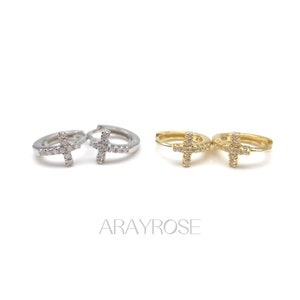 Gold Cross Earrings, Huggie Hoops, CZ Cartilage Piercing, 18K Gold 925 Silver, Hypoallergenic Minimalist Gifts