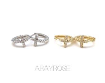 Gold Cross Earrings, Huggie Hoops, CZ Cartilage Piercing, 18K Gold 925 Silver, Hypoallergenic Minimalist Gifts
