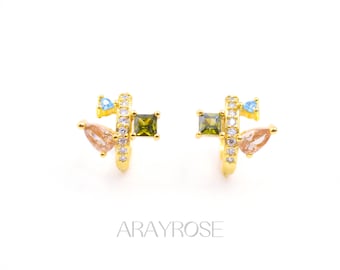 Colorful Huggie Earrings, Gemstone Hoops, Gold, Sterling Silver, CZ Earrings, Hypoallergenic Minimalist Jewelry