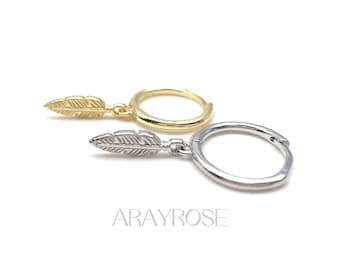 Feather Huggie Hoop Earrings, Huggies with Feather Charm Cartilage Piercing, 18K Gold 925 Silver, Hypoallergenic Minimalist Gifts