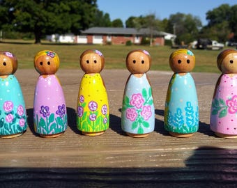Set of 6, 2 Inch tall, floral, hand-painted wooden peg doll girls. #1