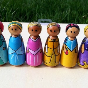 Set of 6, 2 Inch tall, hand-painted, wooden, Disney Princess Peg Dolls.
