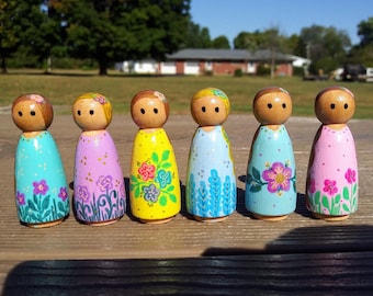 Set of 6, 2 Inch tall, floral, hand-painted wooden peg doll girls. #2