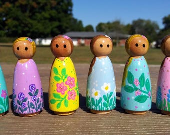Set of 6, 2 Inch tall, floral, hand-painted wooden peg doll girls. #4