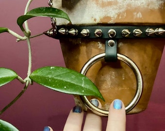 LARGE Hanging Planter + Pot, Spiked Vegan Leather and Chain with O-Ring and Adjustable Buckle, 6 inch Terracotta POT INCLUDED, Cactus Holder