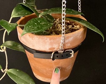 LARGE Plant Hanger Perfect for Succulent Dish Garden, Holds 6 inch Terra Cotta Pot, Vegan Leather and Silver Chain with Buckle HANGER ONLY