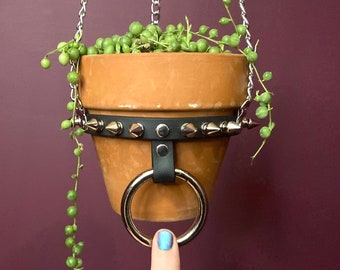 MEDIUM Hanging Planter+Tall Pot, Spiked Vegan Leather and Chain with O-Ring and Adjustable Buckle, 4 inch Extra Tall Terracotta POT INCLUDED