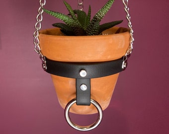 Super Cute SMALL Plant Hanger with O-Ring and Buckle, Vegan Leather and Silver Chain, Perfect for Succulent bb, 3 inch POT INCLUDED