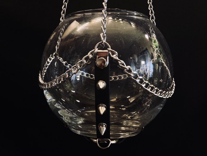 ORB Spiked Vegan Leather Terrarium Hanger, 6 Inch Glass Globe INCLUDED, Goth Planter, Dark Academia Accessories image 6