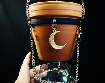 Celestial Crescent Moon Self-Watering Plant Hanger, Vegan Leather and Chain with Glass Globe Water Receptacle,
