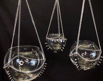 Hanging Terrarium Planter, Glass Globe Included, Spiked Vegan Leather and Chain, 3 Sizes Available, Magical Plant Decor!