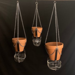 May include: Three terracotta hanging planters with black leather straps and silver chains. Each planter has a glass bowl underneath.