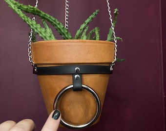 LARGE Plant Hanger with O-Ring and Adjustable Buckle, Vegan Leather and Silver Chain, Perfect for Succulent Plants, 6 inch POT INCLUDED