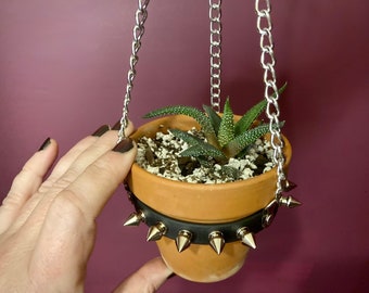 Cute Tiny Plant Hanger, SMALL Spiked Vegan Leather and Silver Chain Hanging Planter with 3 inch Terracotta Pot INCLUDED