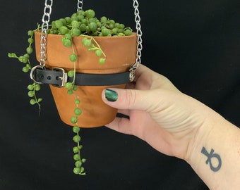 MEDIUM Plant Hanger Perfect for Succulents and Cactus, Holds 4 inch Terra Cotta Pot, Vegan Leather and Silver Chain with Buckle HANGER ONLY