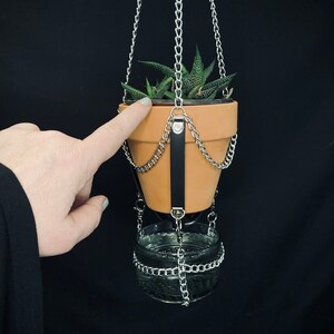 SELF-WATERING Minimalist Vegan Leather Plant Hanger, Fits SMALL Pots, Indoor Wick System for Automatic Watering, Handmade Practical and Cute