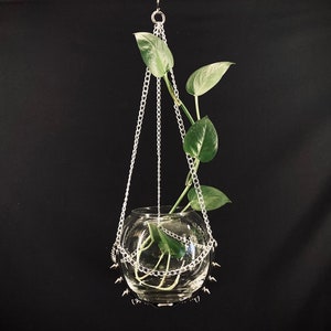 ORB Spiked Vegan Leather Terrarium Hanger, 6 Inch Glass Globe INCLUDED, Goth Planter, Dark Academia Accessories image 2