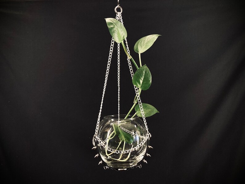 ORB Spiked Vegan Leather Terrarium Hanger, 6 Inch Glass Globe INCLUDED, Goth Planter, Dark Academia Accessories image 2