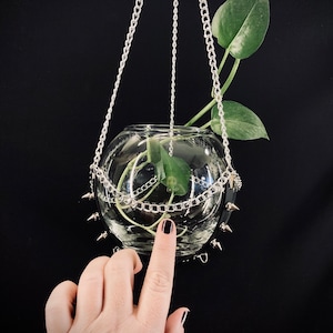 ORB Spiked Vegan Leather Terrarium Hanger, 6 Inch Glass Globe INCLUDED, Goth Planter, Dark Academia Accessories image 1