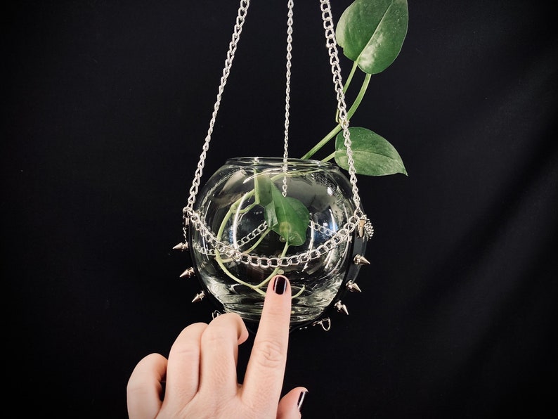 ORB Spiked Vegan Leather Terrarium Hanger, 6 Inch Glass Globe INCLUDED, Goth Planter, Dark Academia Accessories image 1