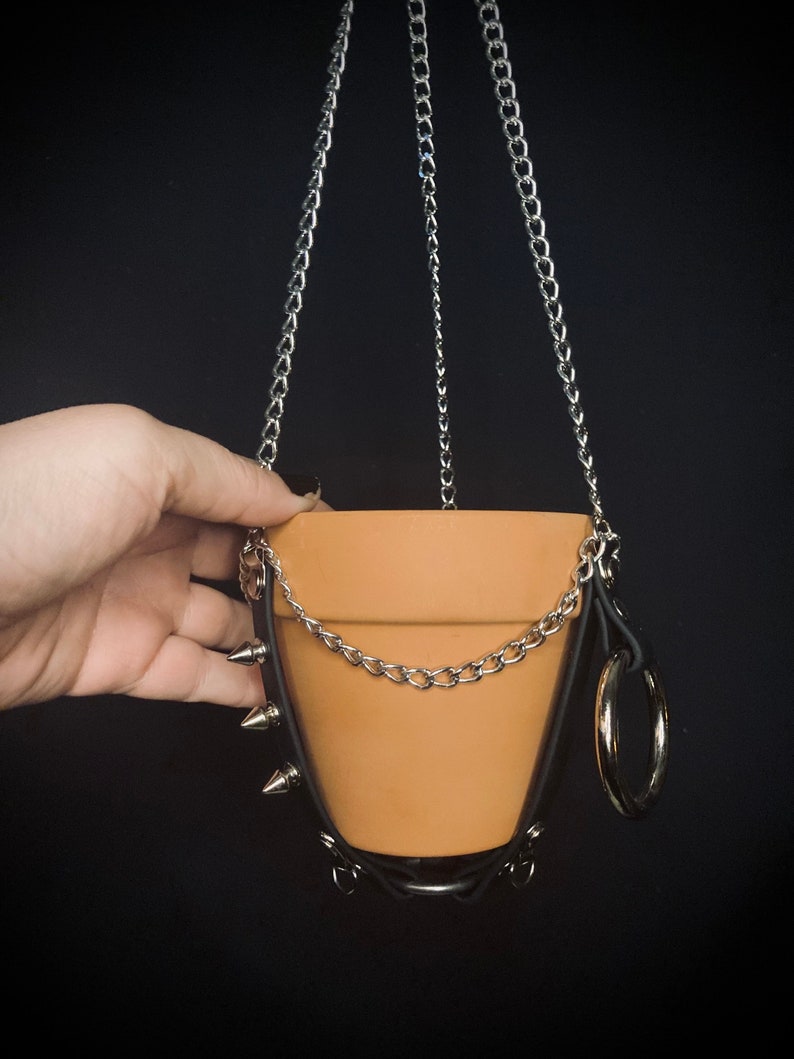 Spikes & O-Ring Vegan Leather Plant Hanger, Fits SMALL pots 4-6 inches, Unique Macrame Alternative Hanging Planter, Witchy and Versatile image 5