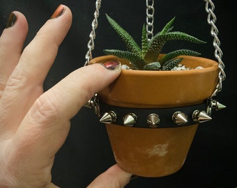 Very Cute SMALL Vegan Leather Plant Hanger with Spikes and Adjustable Buckle, Perfect For Tiny Succulents, HANGER ONLY