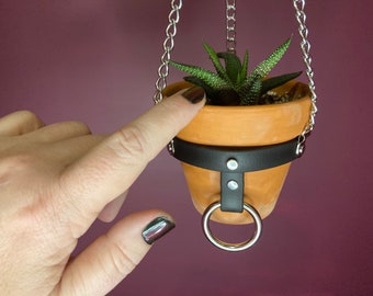 Adorable SMALL Plant Hanger with O-Ring and Adjustable Buckle, Vegan Leather and Silver Chains, Perfect Succulent or Cactus Pot HANGER ONLY