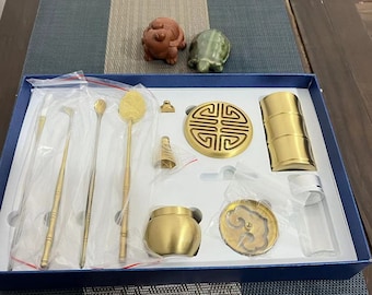 A set of 11 pieces exquisite pure copper incense burner seal incense table set, incense shovel incense spoon ornaments brass incense burner