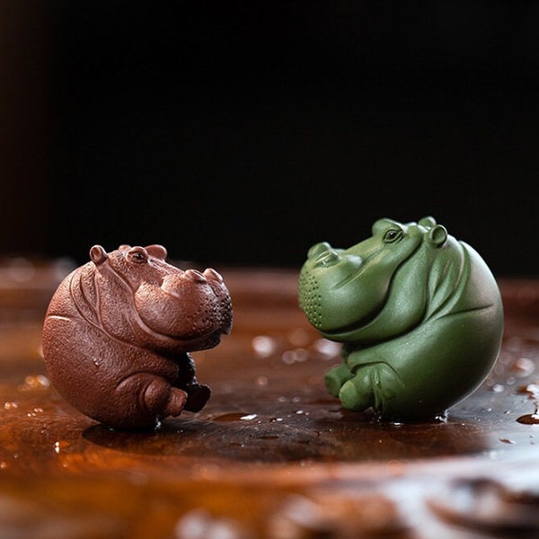 Cute Chubby hippo Baby Figurine Statue, Ceramic Funny behemoth Animal Home Ornament Animal Yixing Zisha Clay Tea pet Clay pottery reptiles