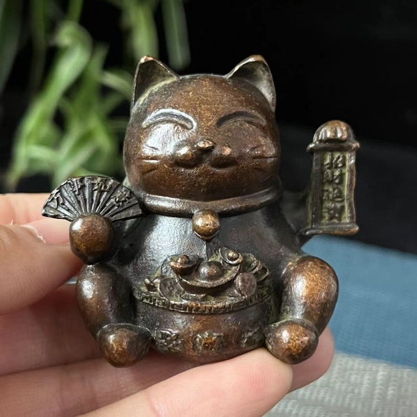 Feng Shui Wealth Cat Copper Carving Lucky kitty Statue Sculpture Asian Animal Art Carved Wealth Cat Spitting Tea pet Life size Money Animal