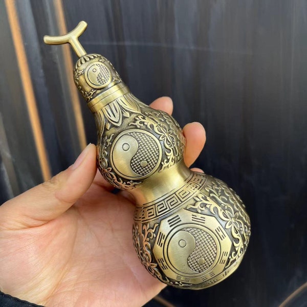 Brass Feng Shui Hu Lu decoration fortune treasure Copper gourd Brass gourd Statue Brass gourd Sculpture Meditation talisman Zen protection