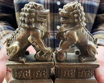 A pair Feng Shui Copper Carving Lucky money Lion Statue Sculpture ,Bronze unicorn Figurine, Wealth Spitting pet Life size Money Art Animal