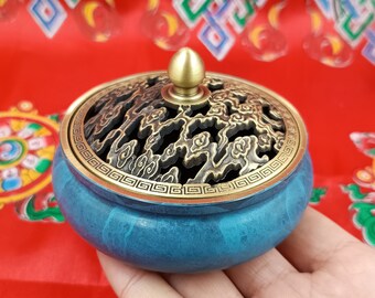 Vintage Copper Auspicious Cloud Pattern Covered Incense Burner, Pure Copper Incense Holder Home Decor Meditation Zen, Stick Incense Holder