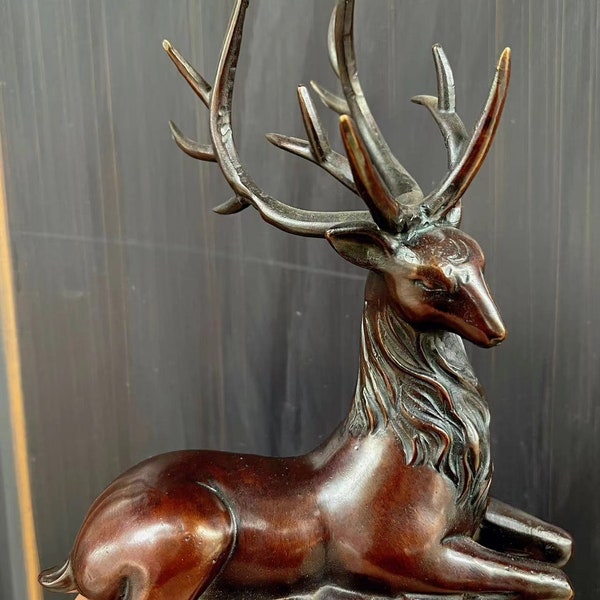 Peaceful Wealth Feng Shui Copper Carving Lucky Deer Statue Sculpture, Carved Wealth Spitting Money Art Animal，Elk moose Ornament Collectible