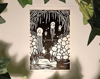 Fog Canyon - Hollow Knight Linocut Print (4.5"x6.5")