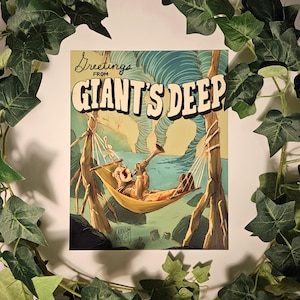 May include: A vintage-style print with the words "Greetings from Giant's Deep." The artwork depicts a figure in a hammock playing a horn, with a swirling ocean backdrop. The artist's signature is in the lower left corner.