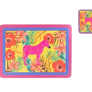 May include: Pink zebra with black stripes standing in a jungle scene with green leaves and red and yellow flowers. The zebra is on a yellow background with a purple and pink border.