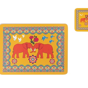 Set of 4 - Precious Elephants are the showcase of these vibrant placemats and coasters