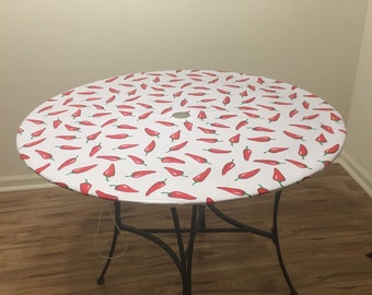 Fitted Waterproof Table Cover with Umbrella Hole Red Pepper Print Round Fitted Tablecloth Made to Order