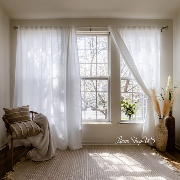 White Linen Curtains with Back Tabs One Linen Panel Custom Curtains with Ikea Kronill Backtab Tape Semi Sheer Extra Long Home Decor Boho