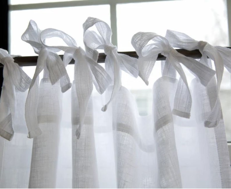 White Linen Curtains Tie Top Window Panels Semi Sheer Linen Etsy